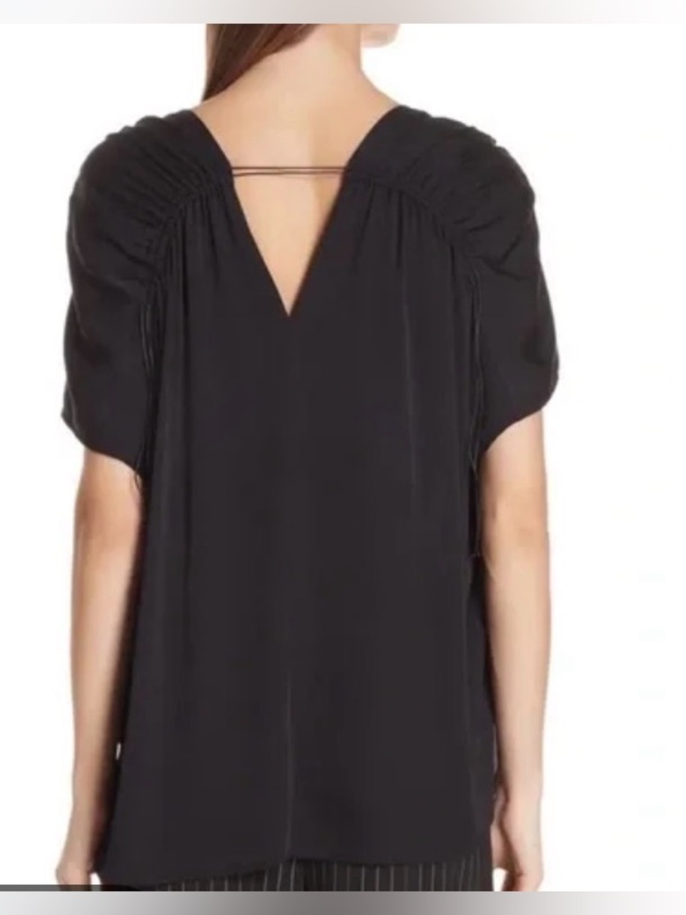 Vince Black V-Neck‎ Short Sleeve Silk Blend Blouse Ruched Shoulders Size L